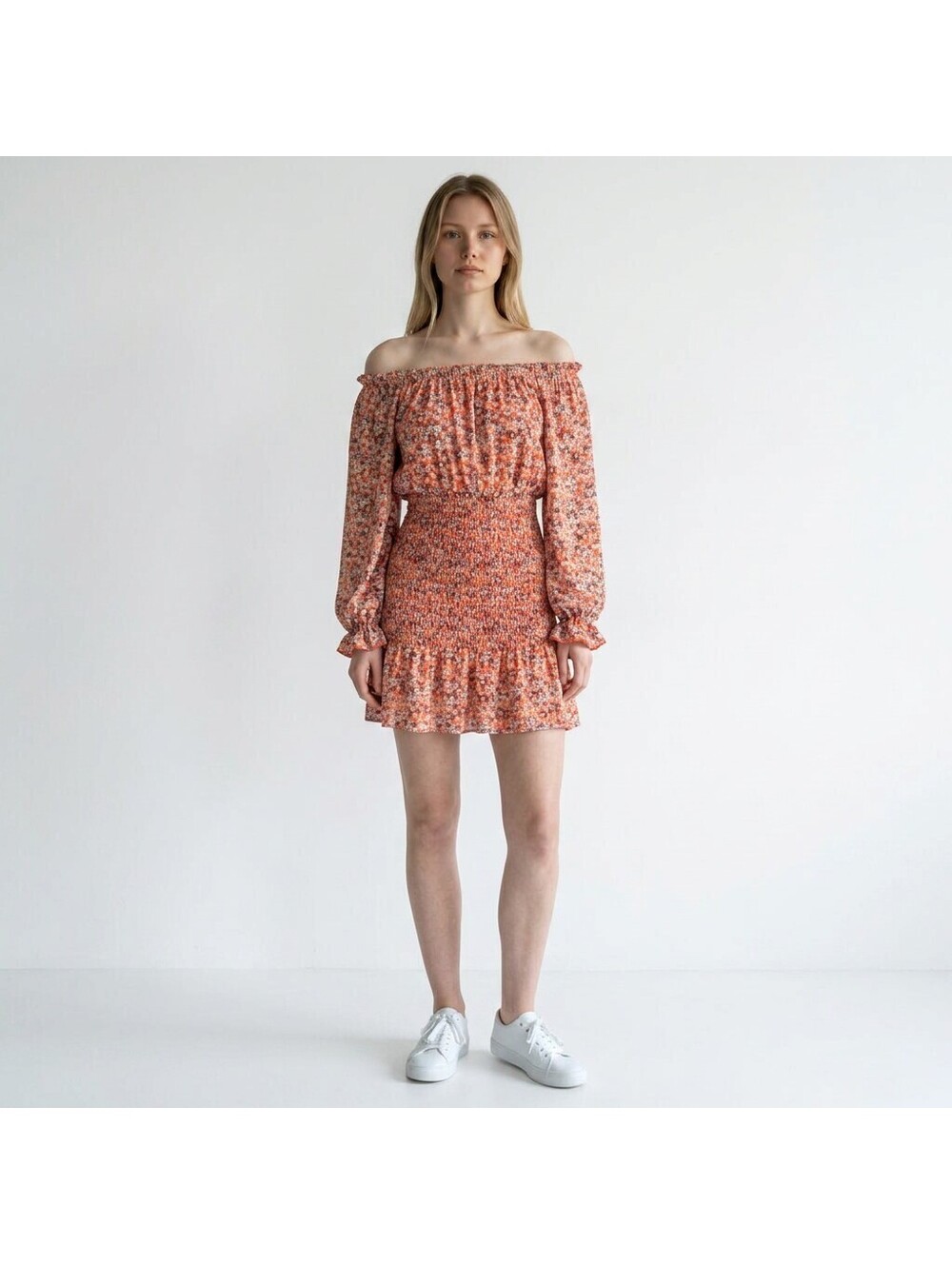 Hyfve Dress Women M Medium Orange Floral Mini Short Stretch Long Sleeve Casual